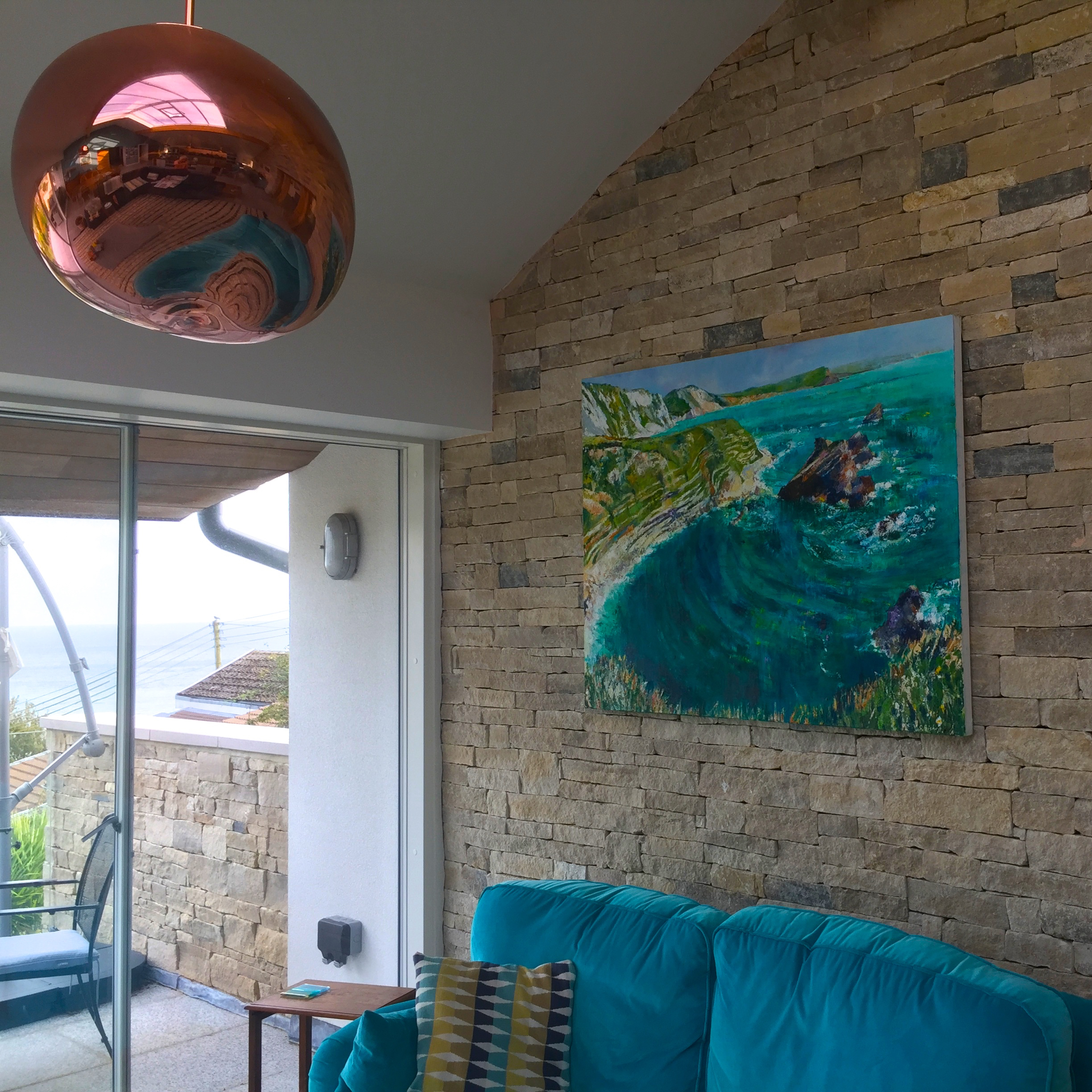 View of the Sea.  Mupe Rocks painting by Stephen Bishop Artist at Andy and Jane Littler's Charmouth Home